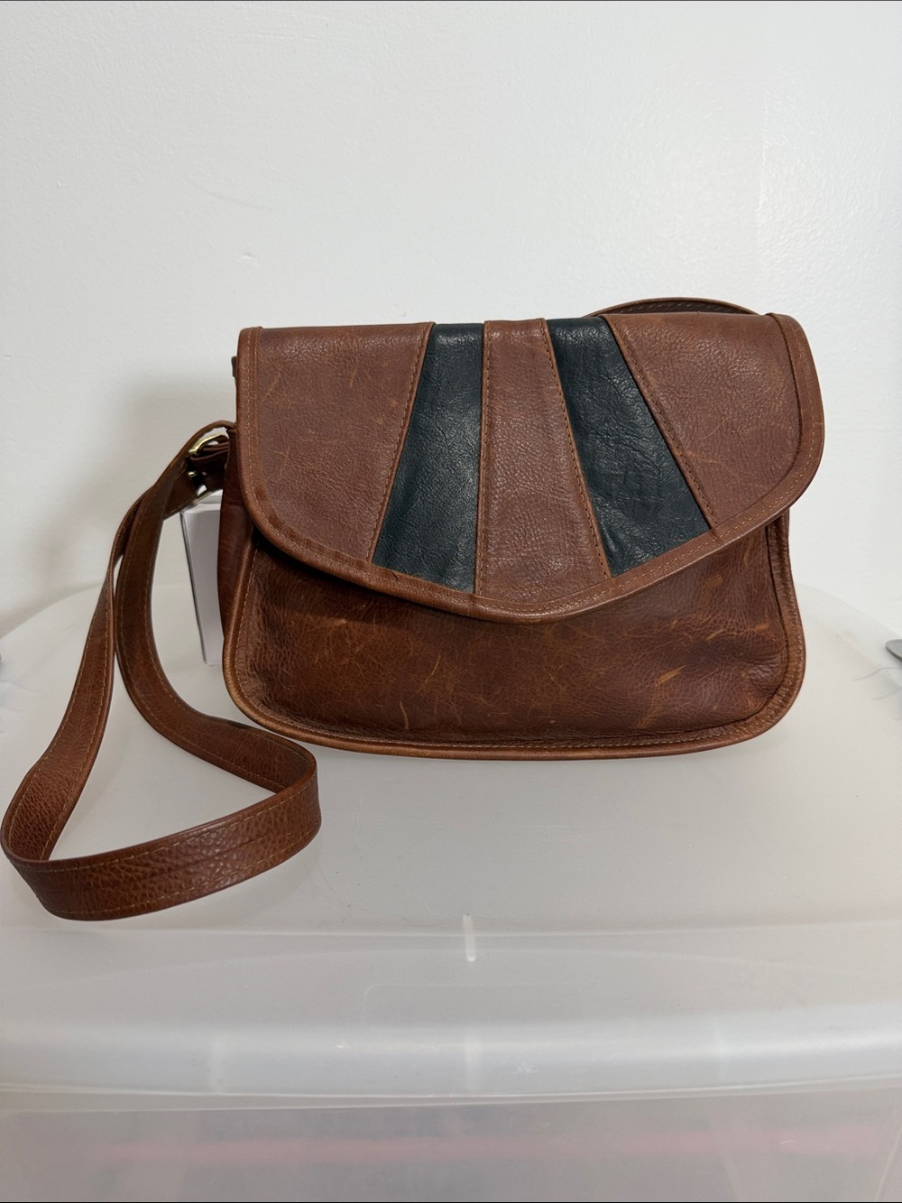 Handmade Brown Artisan Leather Crossbody Bag with Black Accent Panels